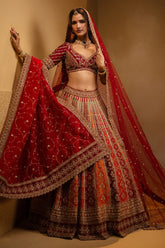 Multi Colored Raw Silk Heavy Bridal Lehenga with Curved Sweet Heart Neck Blouse and Double Dupatta